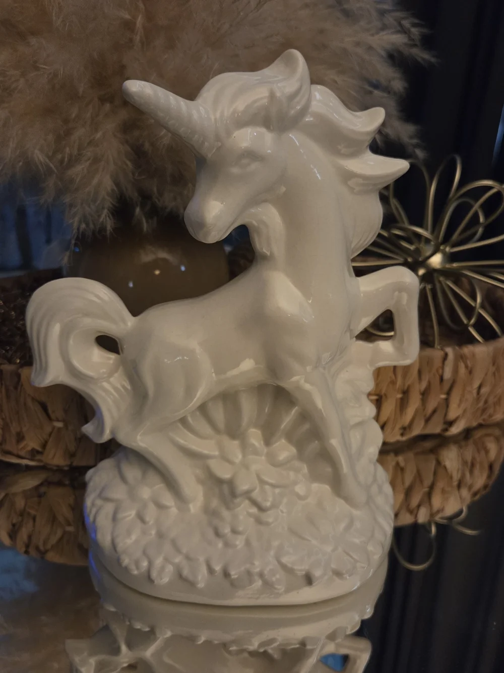 White Ceramic Unicorn Figurine Glossy Fantasy Decor Floral Base Shelf Decor